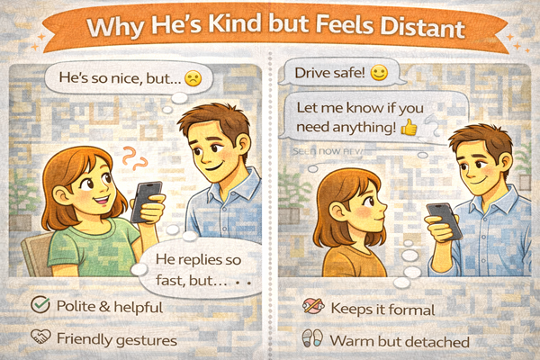 친절한데 거리감이 느껴지는 남자 심리를 설명하는 대화 상황 예시